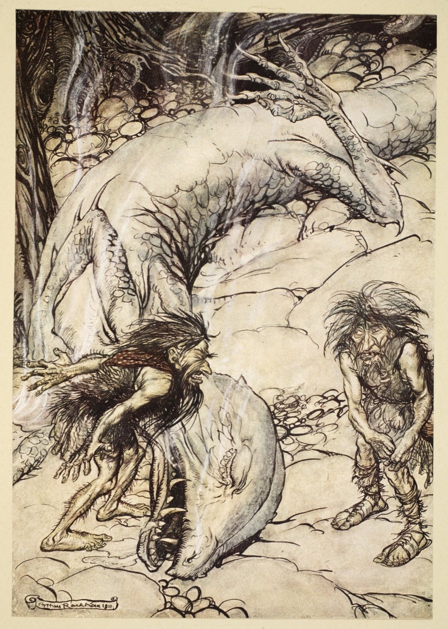 Os anões discutindo sobre o corpo de Fafner, ilustração de "Siegfried and the Twilight of the Gods", 1924 de Arthur Rackham