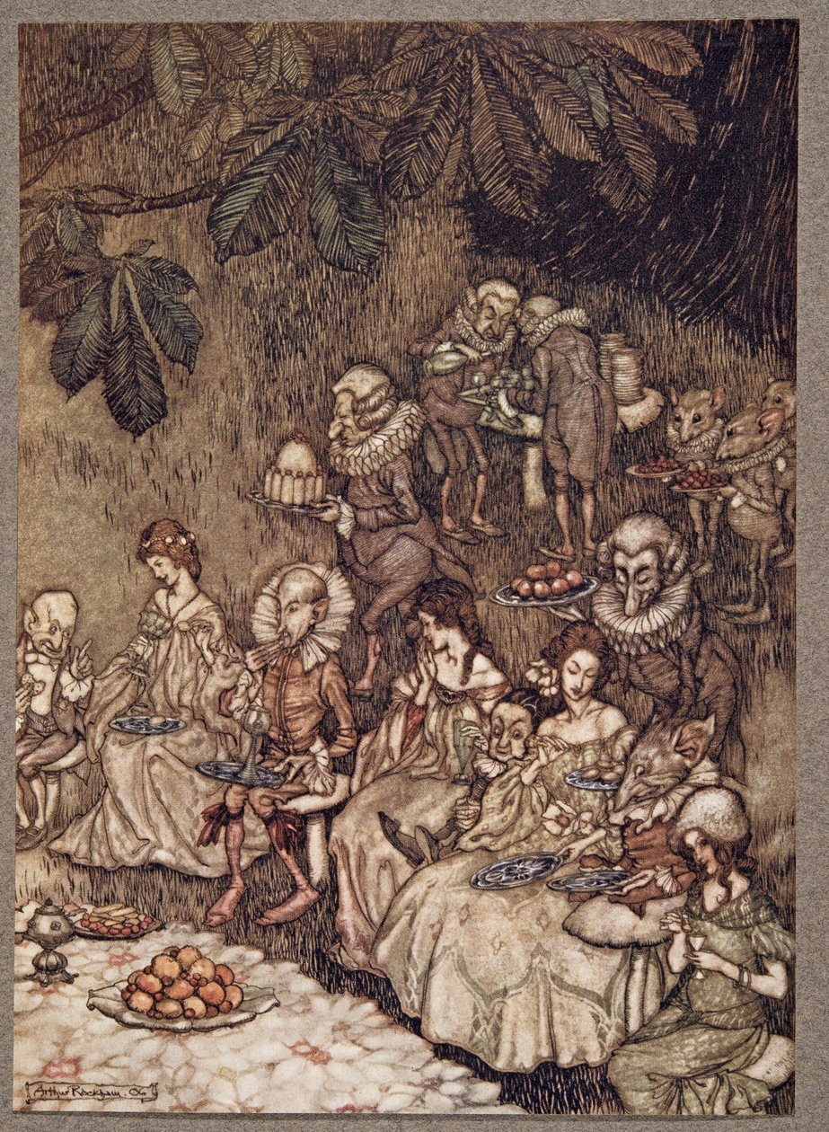 As fadas sentam-se em volta dos cogumelos e, a princípio, são bem comportadas, de Peter Pan em Kensington Gardens, de JM Barrie (1860 - 1937), pub. 1906 de Arthur Rackham