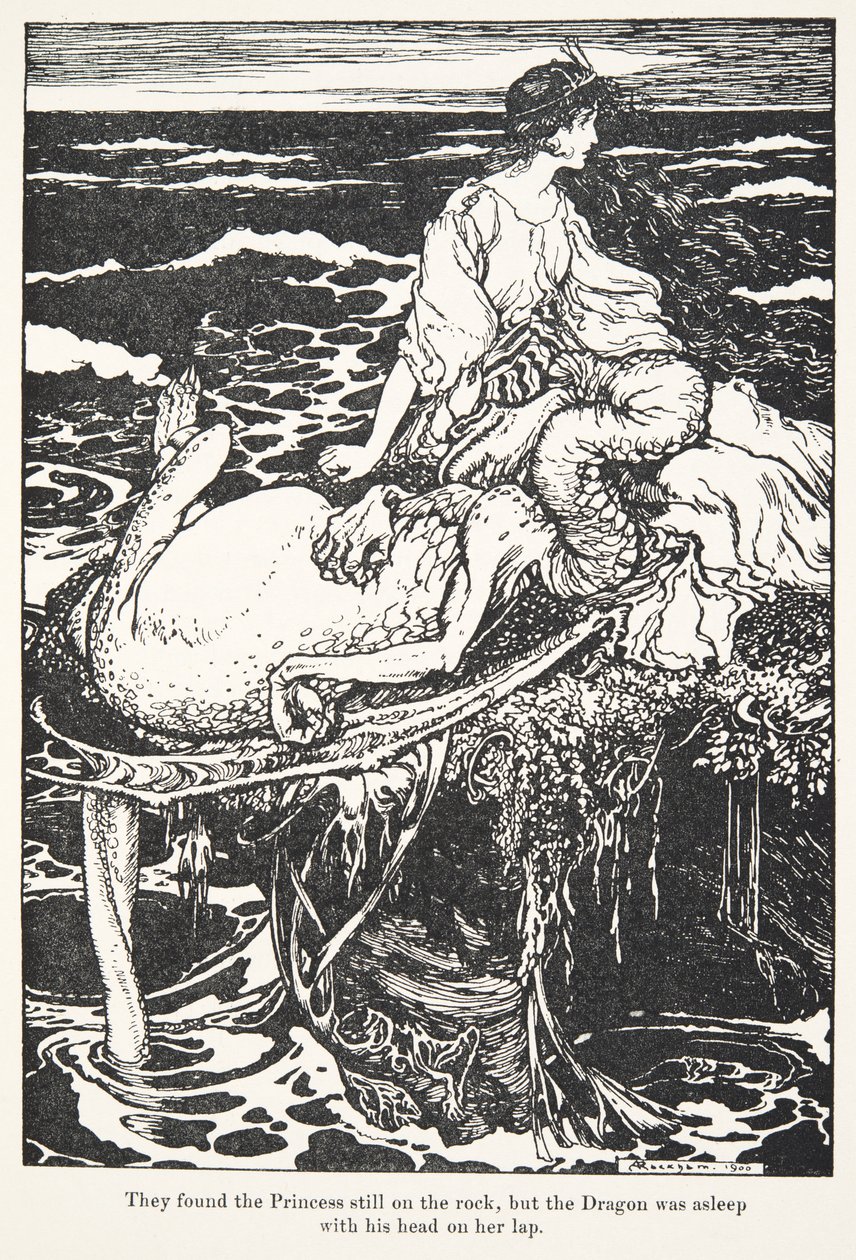O encontrou a Princesa ainda na rocha, mas o Dragão estava dormindo com a cabeça no colo, do conto The Fairy Tales dos irmãos Grimm. 1909 de Arthur Rackham
