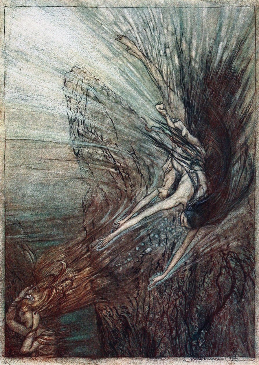 A brincadeira dos Rhinemaidens. Ilustração para Rhinegold e The Valkyrie, de Richard Wagner, de Arthur Rackham