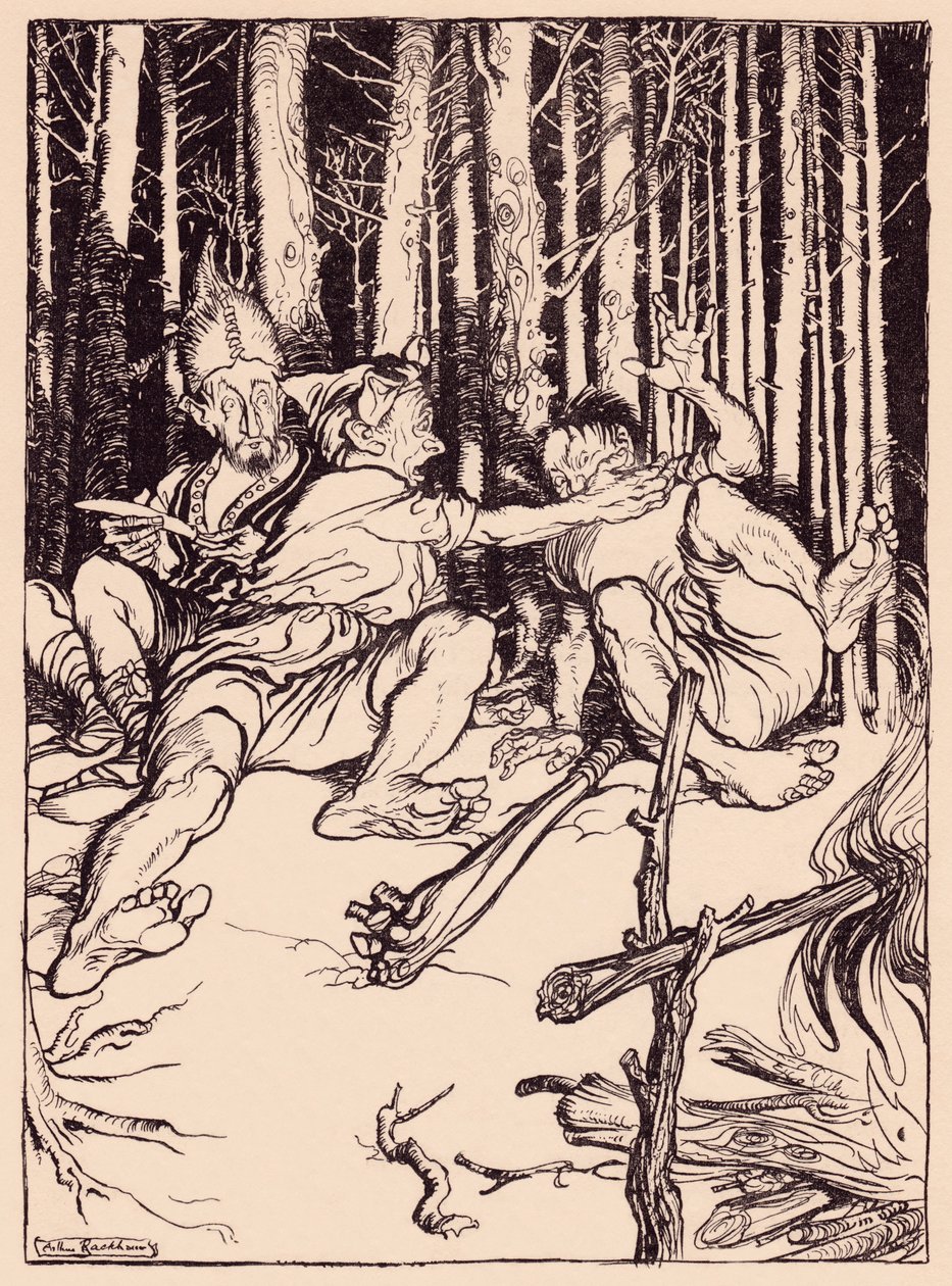 O gigante deu àquele que estava sentado ao seu lado uma caixa sobre a orelha. Ilustração de Arthur Rackham de Grimm