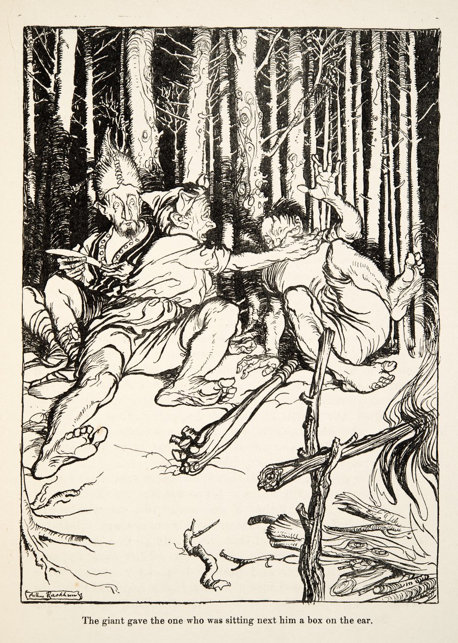 O gigante deu àquele que estava sentado ao seu lado uma caixa na orelha, de Little Brother & Little Sister e Outros Contos dos Irmãos Grimm, pub.1917 (litho) de Arthur Rackham