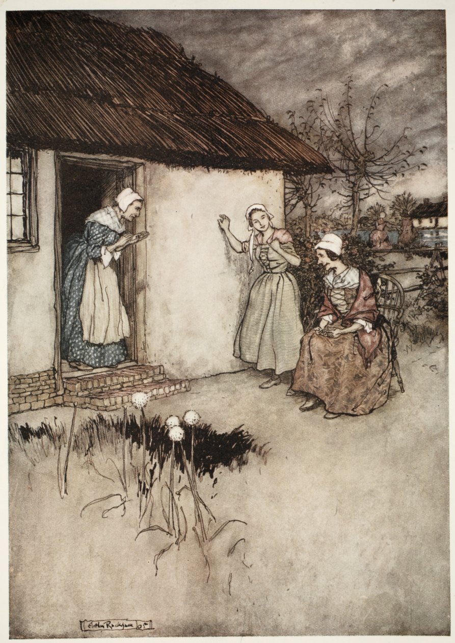 As boas esposas da aldeia nunca falharam, em suas fofocas noturnas, de colocar toda a culpa em Dame Van Winkle, de Rip Van Winkle de Washington Irving, pub. 1910 de Arthur Rackham