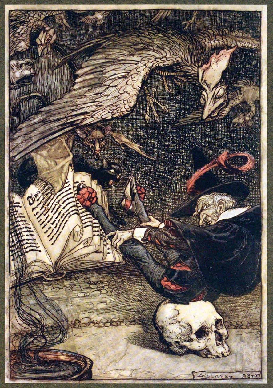 O homenzinho sentou-se no centro do círculo sobre a grande caveira, pub. 1907. de Arthur Rackham