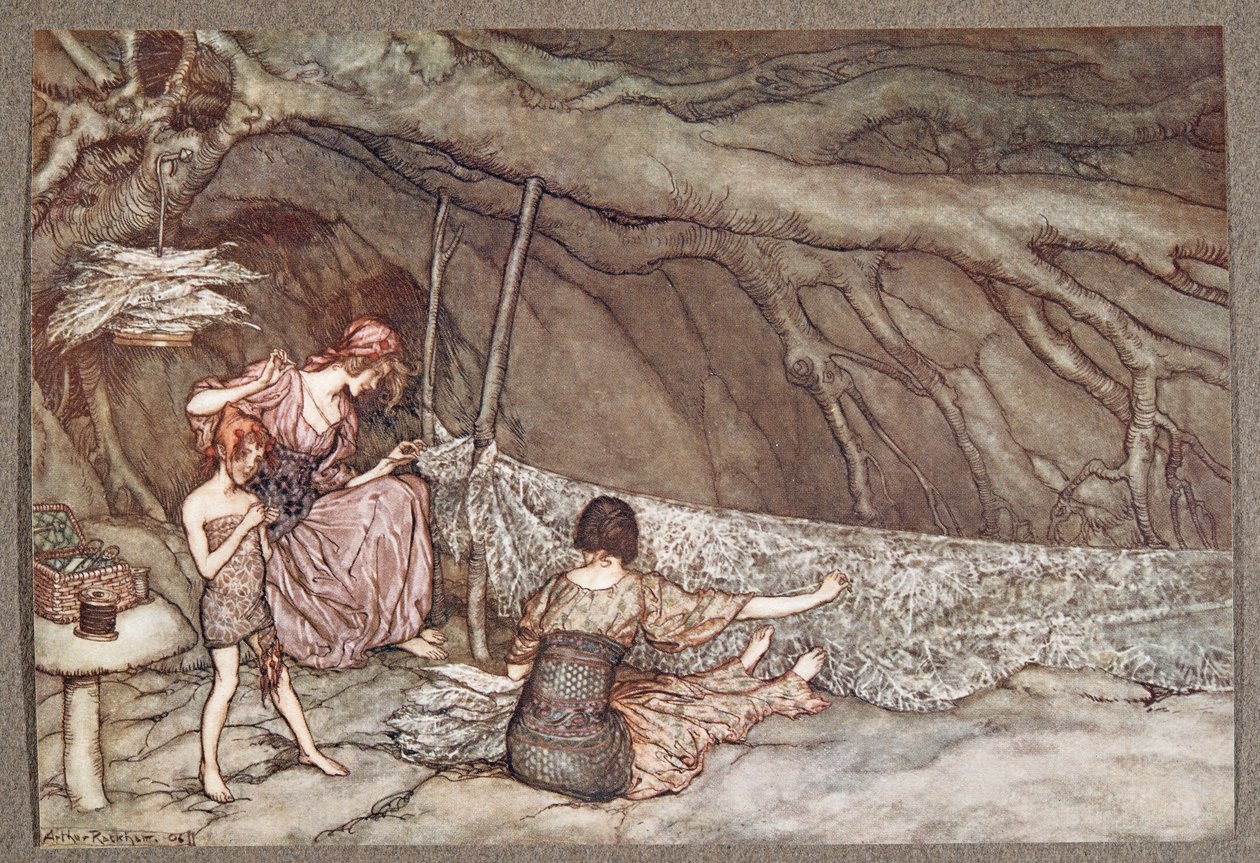 As pessoas pequenas tecem suas cortinas de verão a partir de folhas de esqueleto ..., de Peter Pan em Kensington Gardens por JM Barrie (1860 - 1937), pub. 1906 de Arthur Rackham