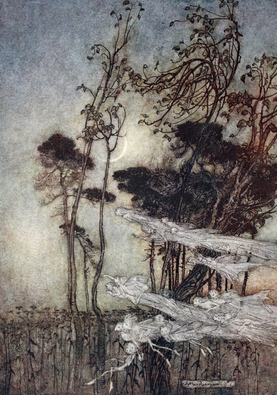 .. A lua, como um arco de prata Novo-bent no céu, ilustração de &39;Sonho de noites de verão&39; por William Shakespeare, 1908 de Arthur Rackham