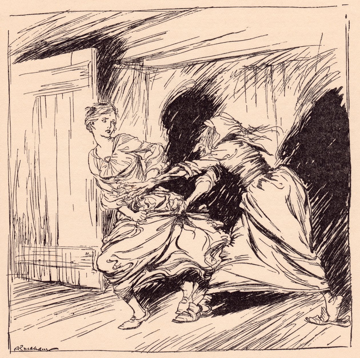 A velha mulher agarrou-a pela bata e tentou segurá-la com força. Ilustração de Arthur Rackham de Grimm