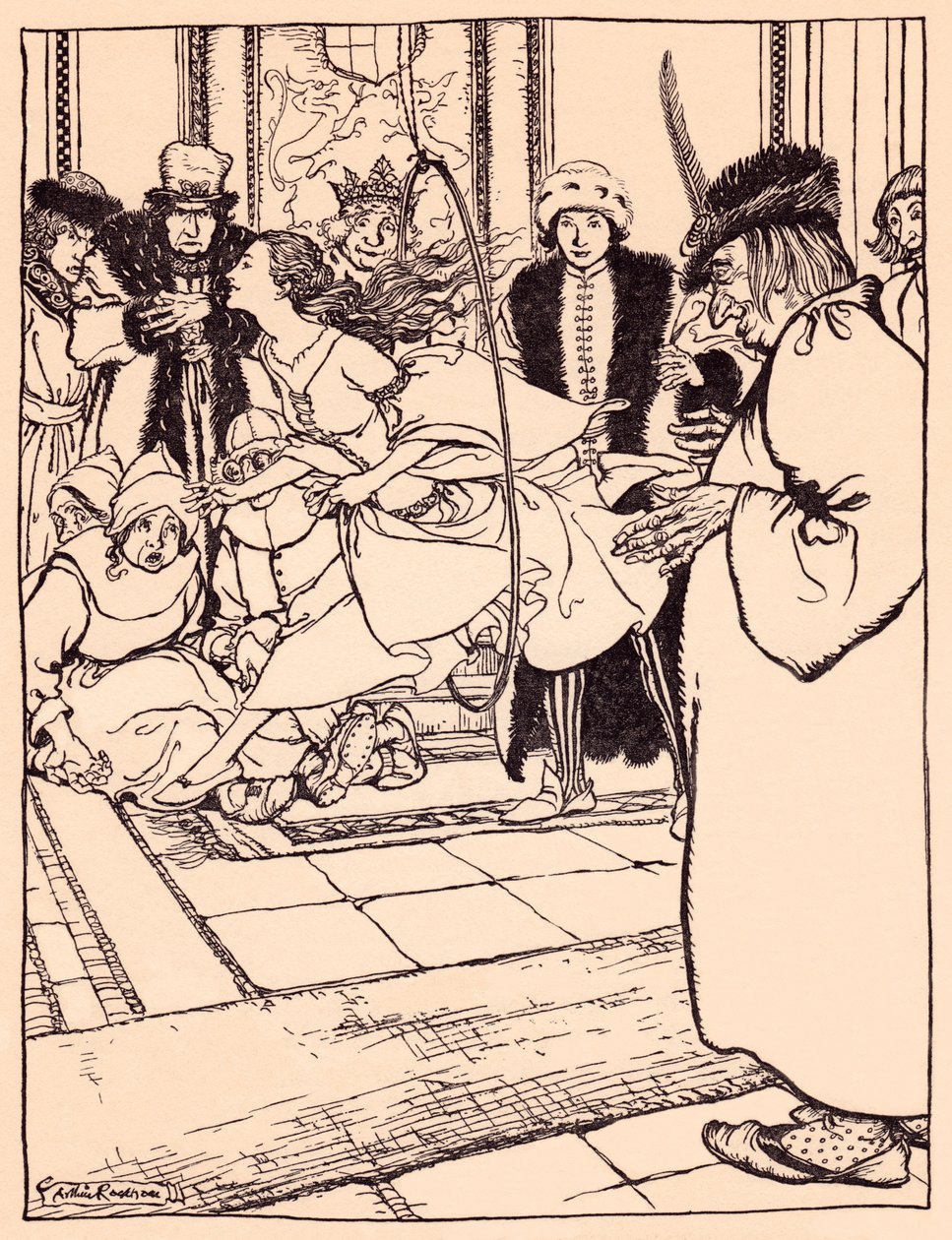 A bela donzela saltou pelo aro de forma tão ligeira como um veado. Ilustração de Arthur Rackham de Grimm