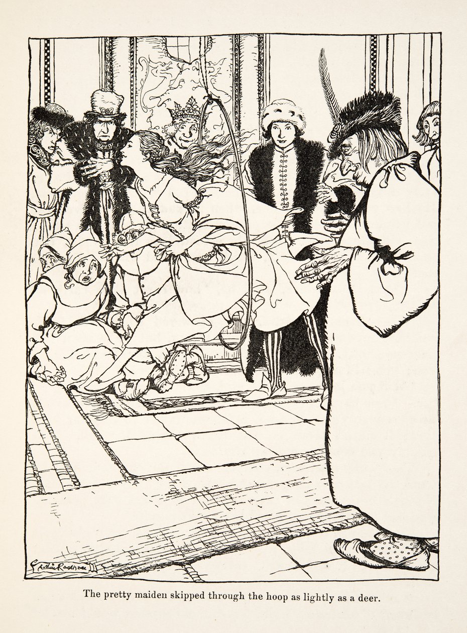 A bela donzela saltou pelo aro tão levemente como um veado, de Little Brother & Little Sister e Outros Contos dos Irmãos Grimm, pub.1917 (litho) de Arthur Rackham