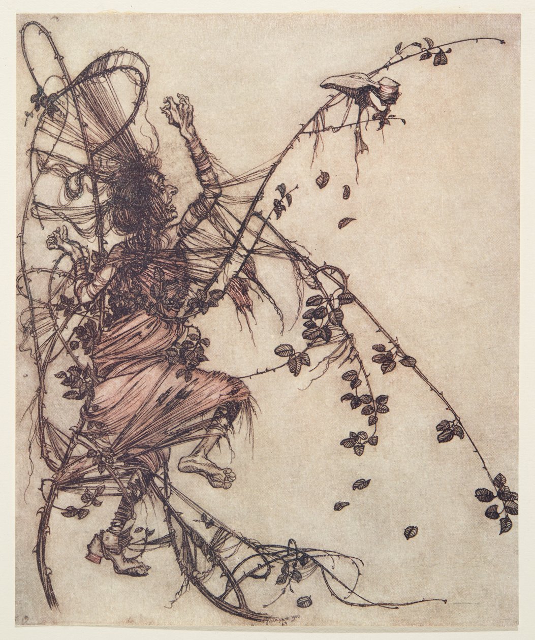 Quanto mais rápido ele tocava, mais ela tinha que pular de Os contos de fadas dos irmãos Grimm, pub. 1909 de Arthur Rackham