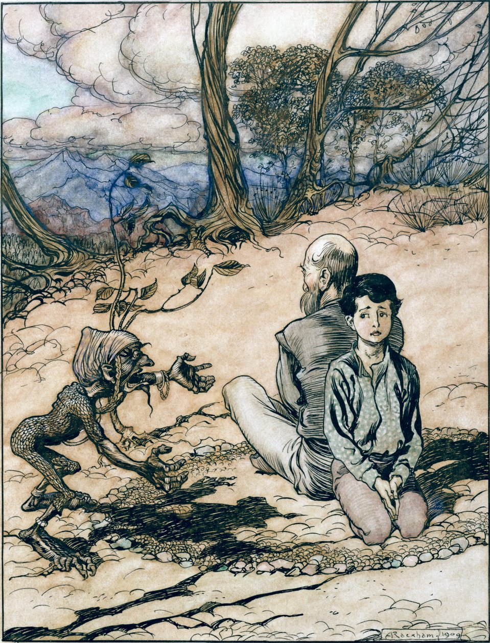O filho fez um círculo, e seu pai e ele tomaram lugares dentro dele, e o pequeno mannikin preto apareceu, ilustração do Rei da Montanha Dourada em Os Contos de Fadas dos Irmãos Grimm, de Arthur Rackham