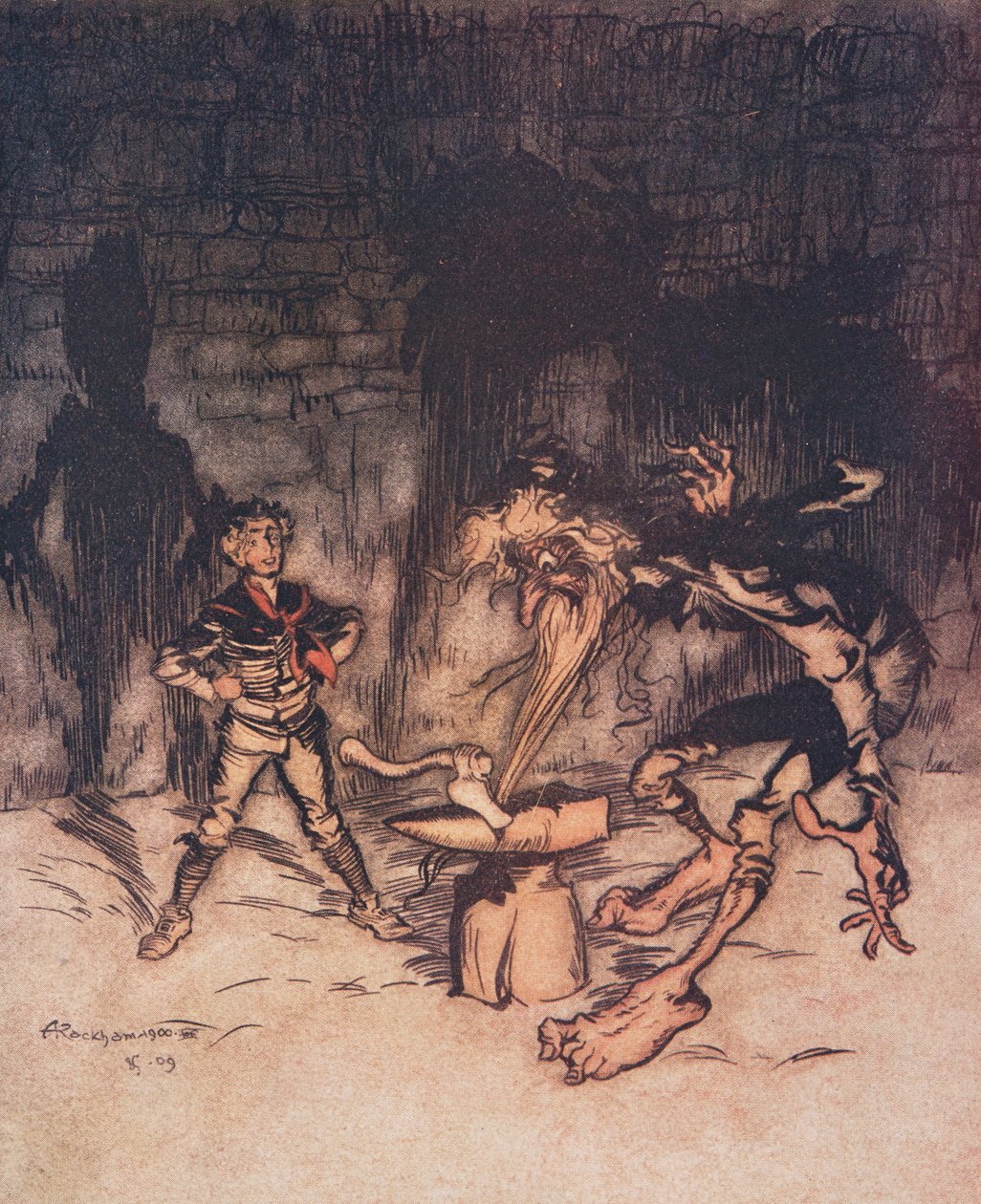 A Juventude pegou o machado e partiu a bigorna com um golpe, pegando na barba de Old Mans ao mesmo tempo, de The Fairy Tales dos Irmãos Grimm, pub. 1909 de Arthur Rackham
