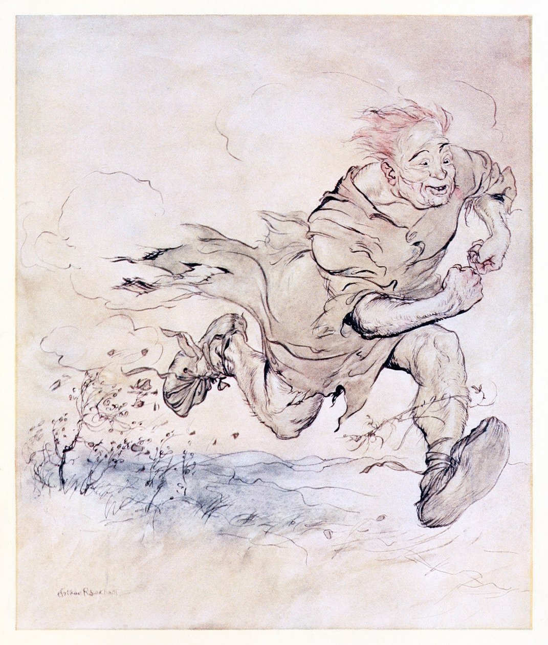 A batida de suas grandes botas cresceu tão contínua quanto o bater de pedras de granizo em um telhado, e o vento de sua passagem derrubou árvores. do Carl do casaco Drab em contos de fadas irlandeses de Arthur Rackham