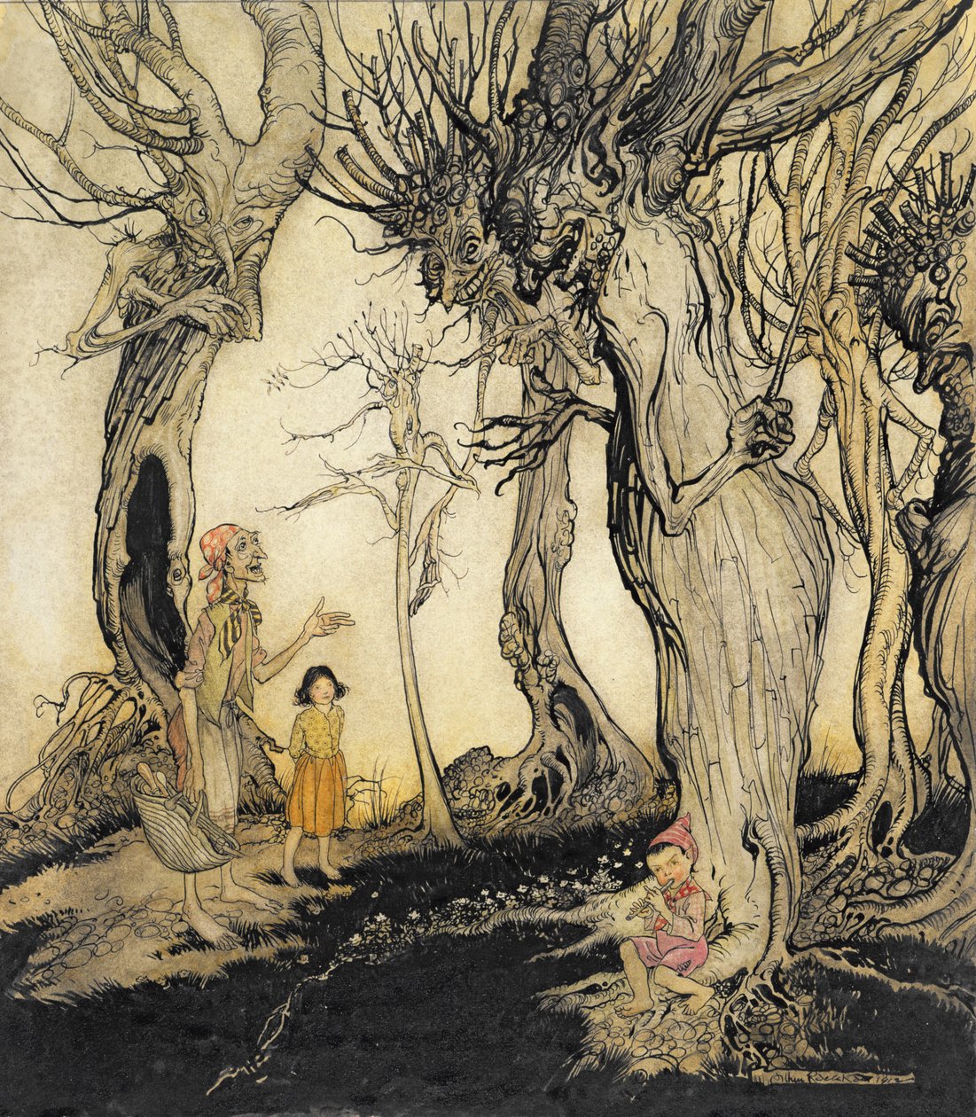As árvores e o machado, de &39;Fábulas de Esopo&39;, c.1912 (caneta e tinta com wc no papel) de Arthur Rackham