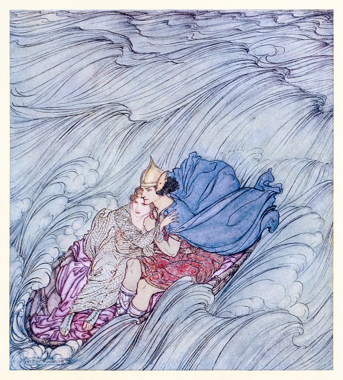As ondas de todos os mundos pareciam passar por eles em um enorme tapete verde de Becuma da Pele Branca em contos de fadas irlandeses de Arthur Rackham