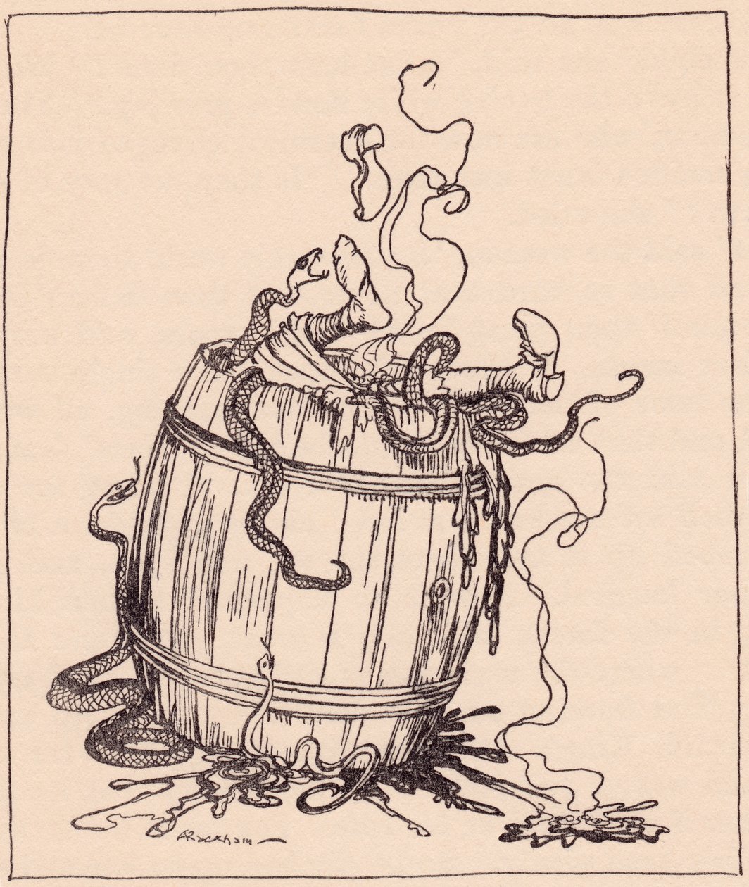 A sogra malvada foi colocada num barril cheio de óleo a ferver e cobras venenosas. Ilustração de Arthur Rackham de Grimm