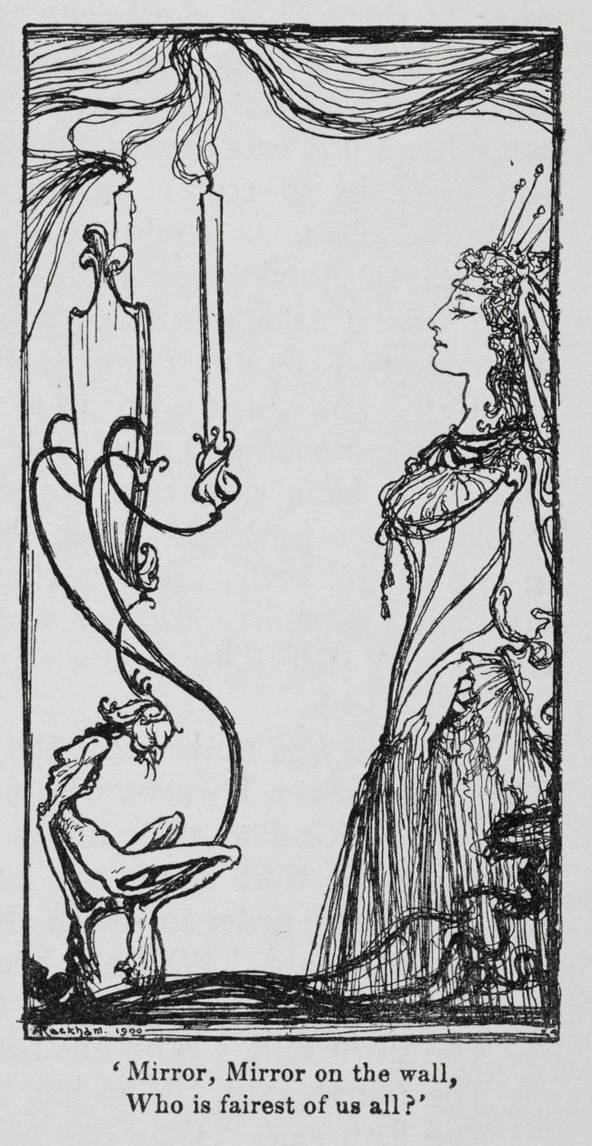 A rainha malvada a olhar-se ao espelho de Snowdrop (Branca de Neve) de Arthur Rackham