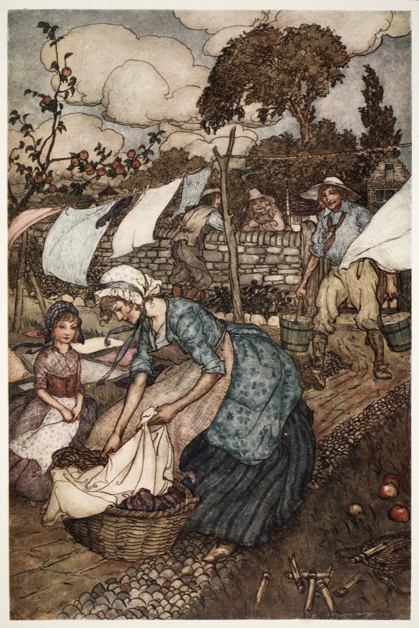 As mulheres da aldeia costumavam empregá-lo para fazer trabalhos tão pequenos que seus maridos menos gentis não fariam por eles, de Rip Van Winkle, do Washington Irving, pub. 1910 de Arthur Rackham