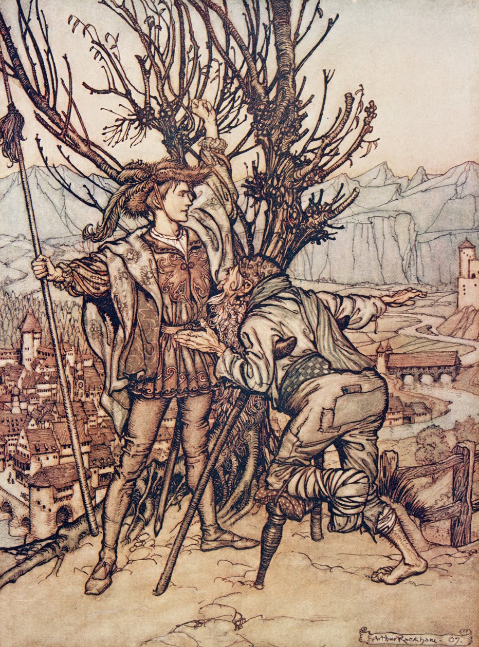 O jovem príncipe siad não tenho medo; Eu estou determinado a ir e olhar para o adorável Briar Rose , de Os contos de fada dos irmãos Grimm, pub. 1909 de Arthur Rackham