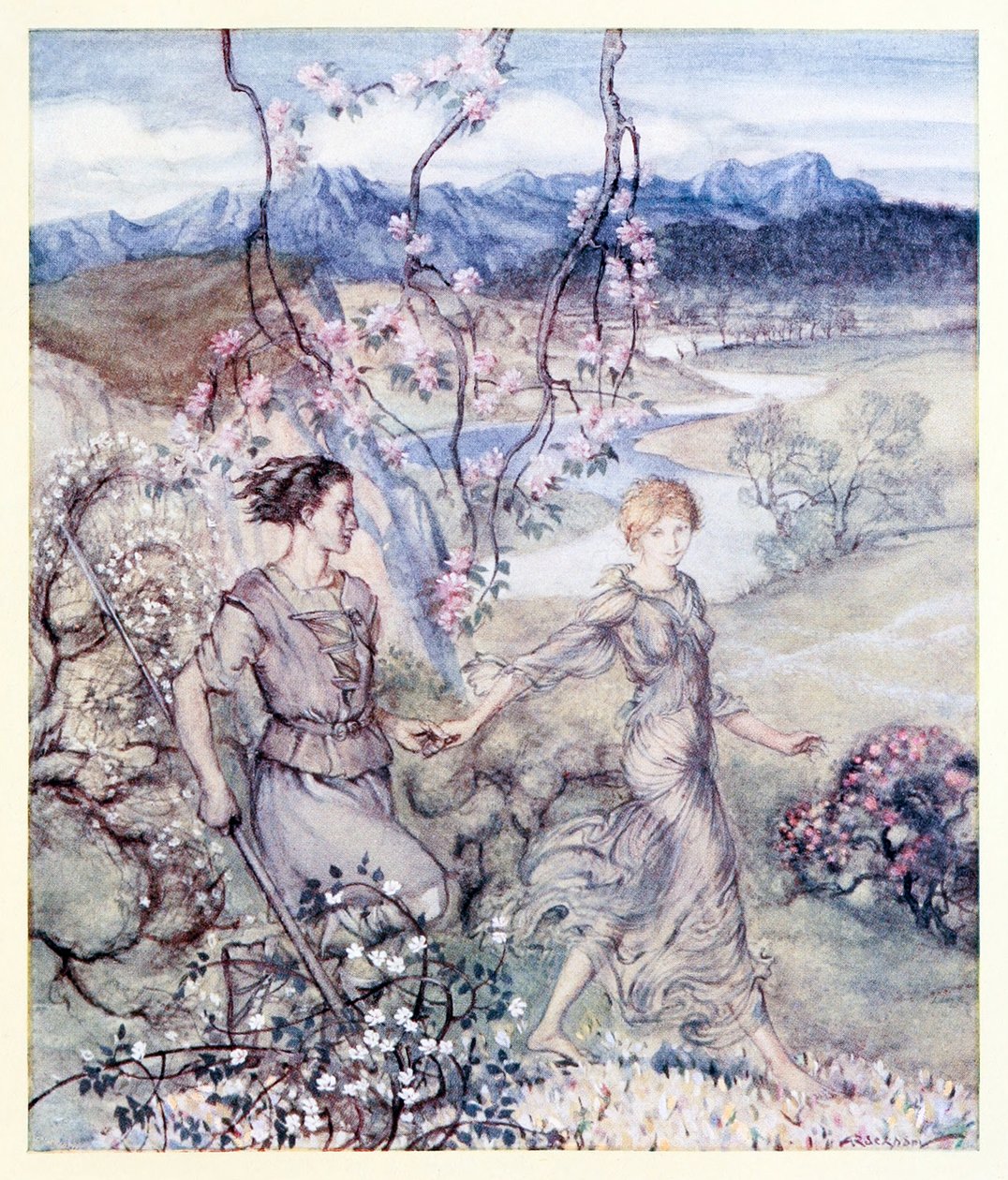 Então eles [Iollan e Tuiren] andaram de mãos dadas no país que cheira a flor de maçã e mel. do nascimento de farelo em contos de fadas irlandeses de Arthur Rackham