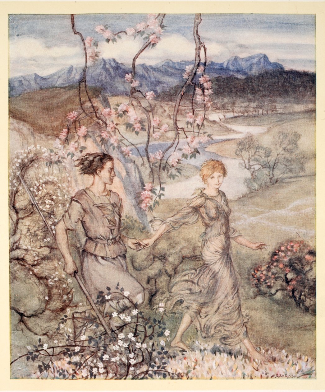 Depois foram de mãos dadas no país que cheira a flor de maçã e mel, ilustração de "Contos de Fadas Irlandeses" de James Stephens de Arthur Rackham