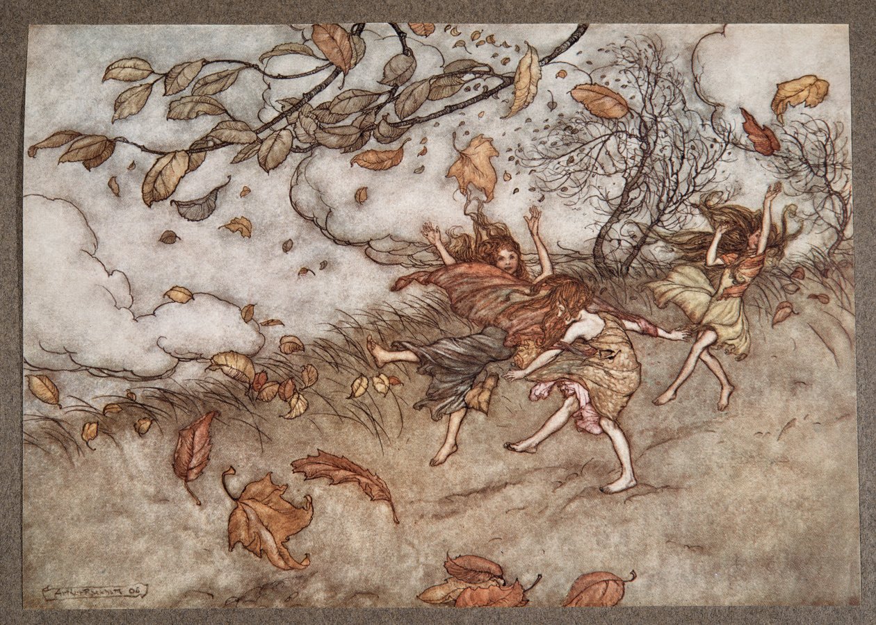 Não há quase nada que tenha um senso tão divertido de folha caída, de Peter Pan em Kensington Gardens, de JM Barrie (1860 - 1937), pub. 1906 de Arthur Rackham