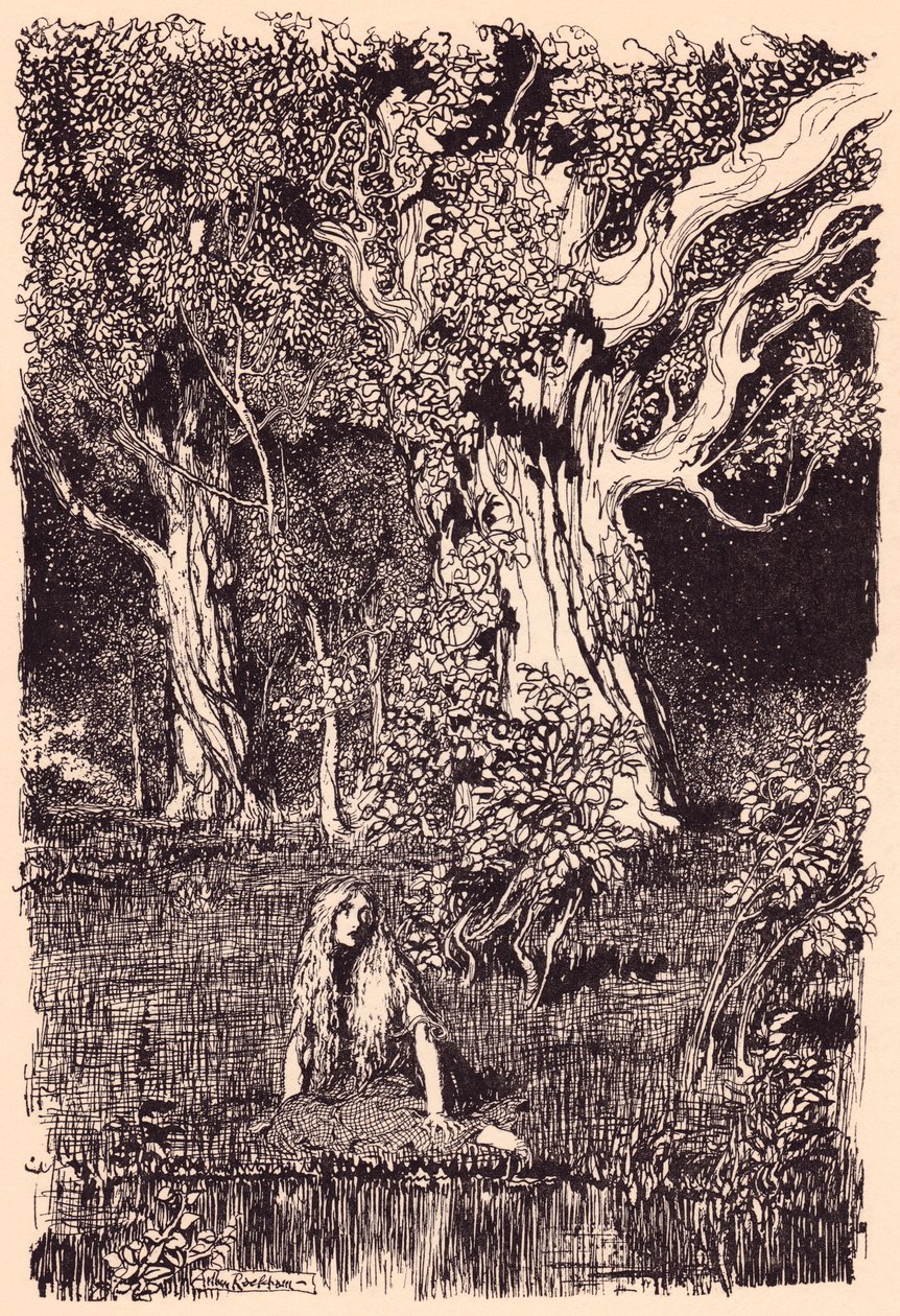 Lá ela sentou-se e teria permanecido sentada durante muito tempo se não tivesse havido um sussurro e rachaduras nos ramos da árvore mais próxima. Ilustração de Arthur Rackham de Grimm