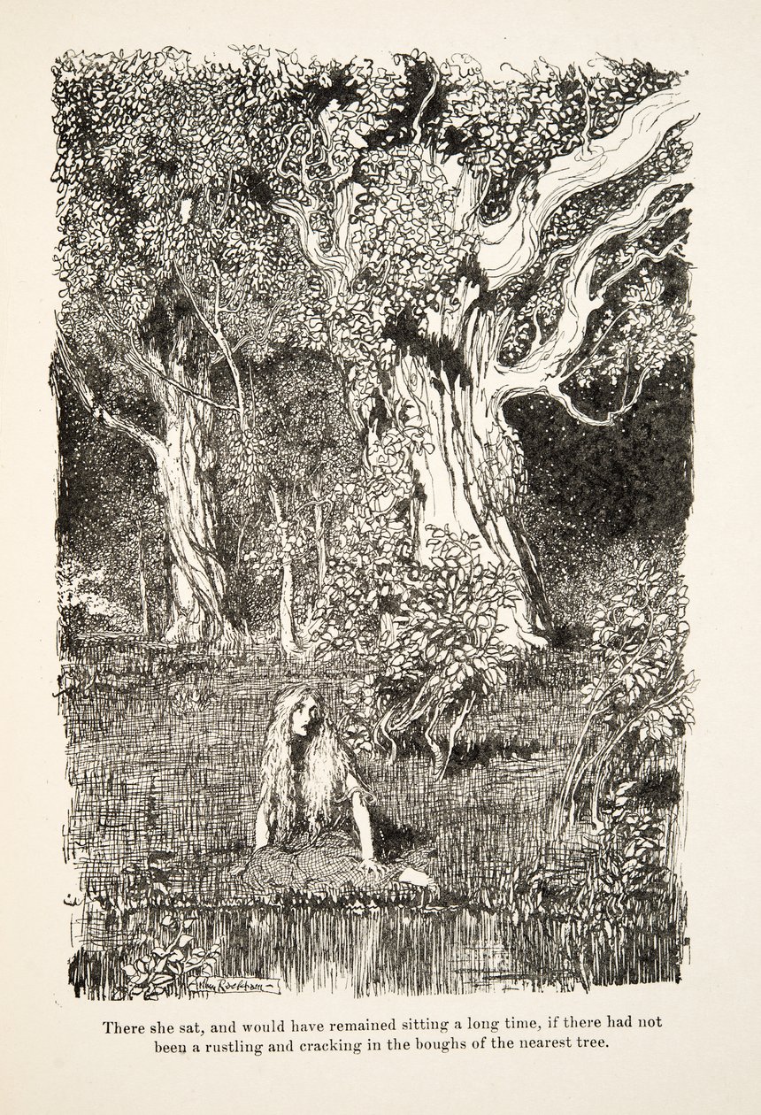 Lá estava ela sentada, e teria ficado sentada por muito tempo, se não tivesse havido um barulho e rachaduras nos ramos da árvore mais próxima, de Little Brother & Little Sister e Outros Contos dos Irmãos Grimm, pub.1917 (litho) de Arthur Rackham