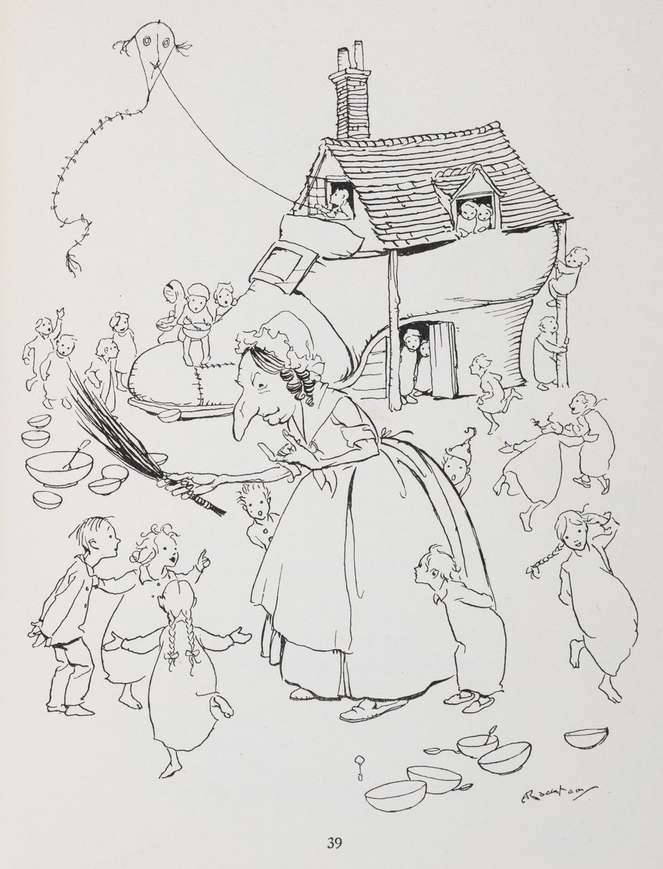 Havia uma senhora idosa que vivia num sapato. Mulher com um sapato-casa e muitas crianças. de Arthur Rackham