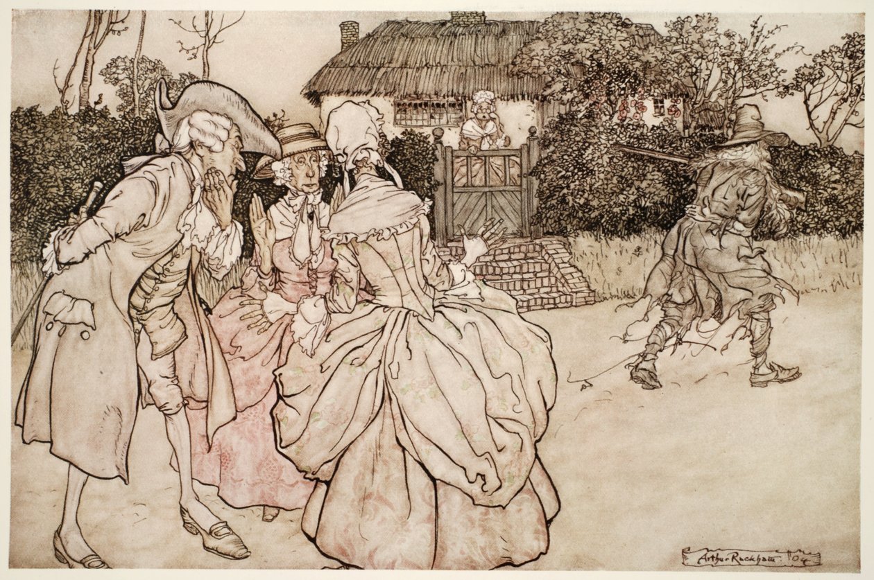 Todos olhavam para ele com igual indício de surpresa e invariavelmente acariciavam o queixo, de Rip Van Winkle, de Washington Irving, pub. 1910 de Arthur Rackham