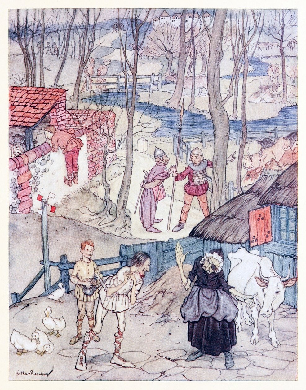Eles ofereceram uma vaca para cada perna de sua vaca, mas ela não aceitaria essa oferta a menos que Fiachna fosse fiança para o pagamento. de Mongans Frenzy em contos de fadas irlandeses de Arthur Rackham