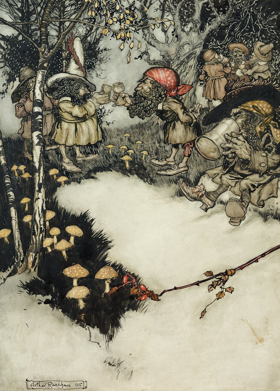 Eles beberam seu licor em profundo silêncio, 1905 (caneta & em e wc no papel) de Arthur Rackham