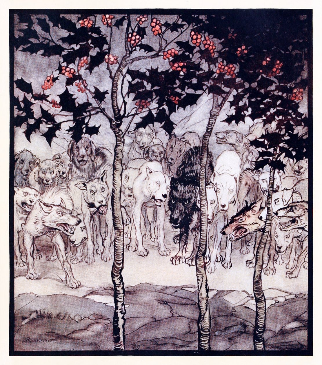 Eles ficaram do lado de fora, cheios de selvageria e terror. da caverna Enchanted de Cesh Corran em contos de fadas irlandeses de Arthur Rackham
