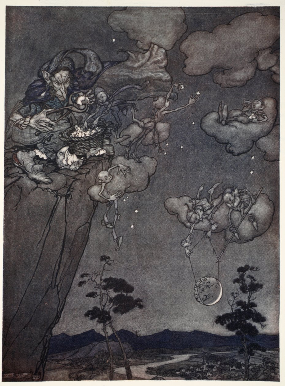 Eles eram governados por um velho espírito de espírito que pendurou as novas luas nos céus e cortou as antigas em estrelas, de Rip Van Winkle de Washington Irving, pub. 1910 de Arthur Rackham