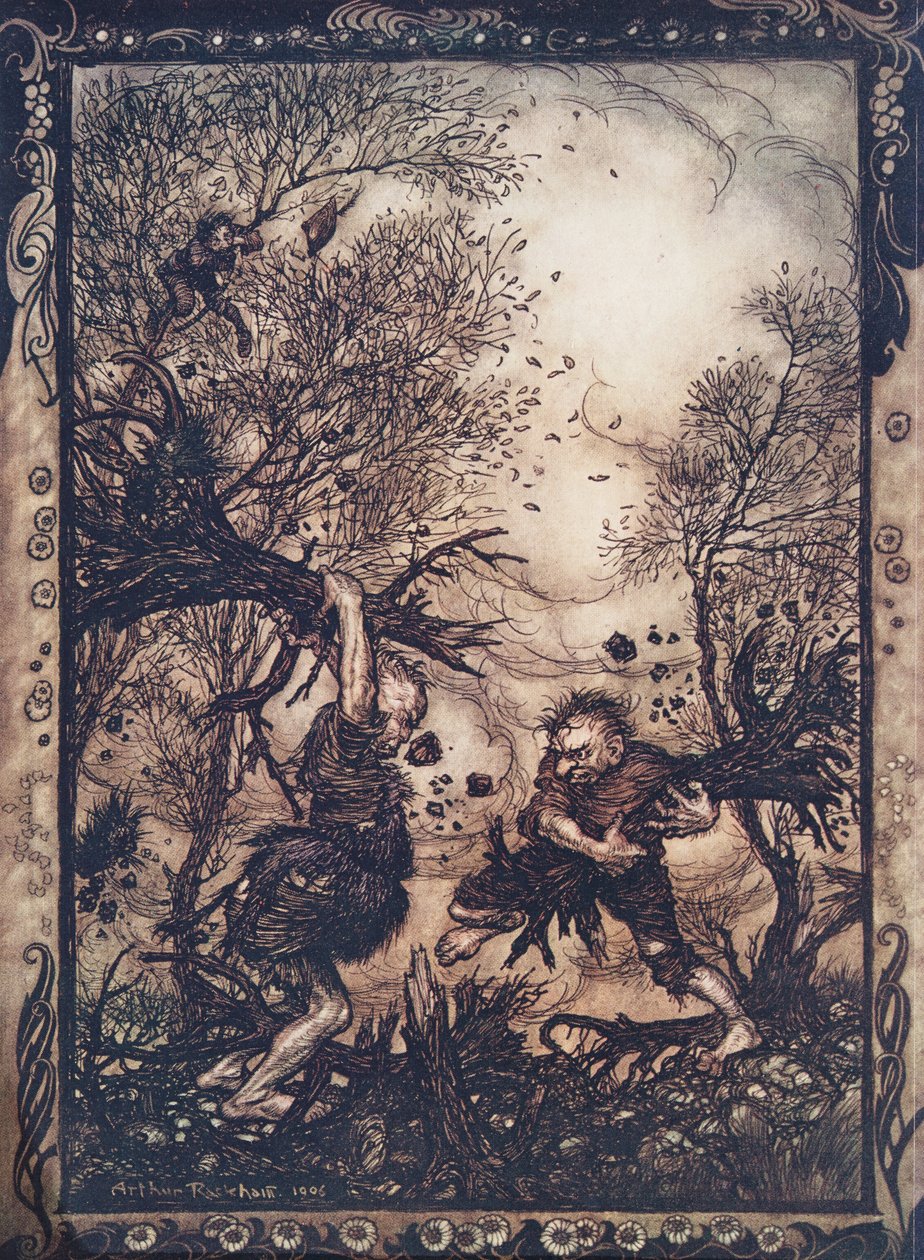 Eles se enfureceram tanto que rasgaram árvores pelas raízes e cortaram um ao outro até que os dois caíram mortos, de Os Contos de Fadas dos Irmãos Grimm, pub. 1909 de Arthur Rackham