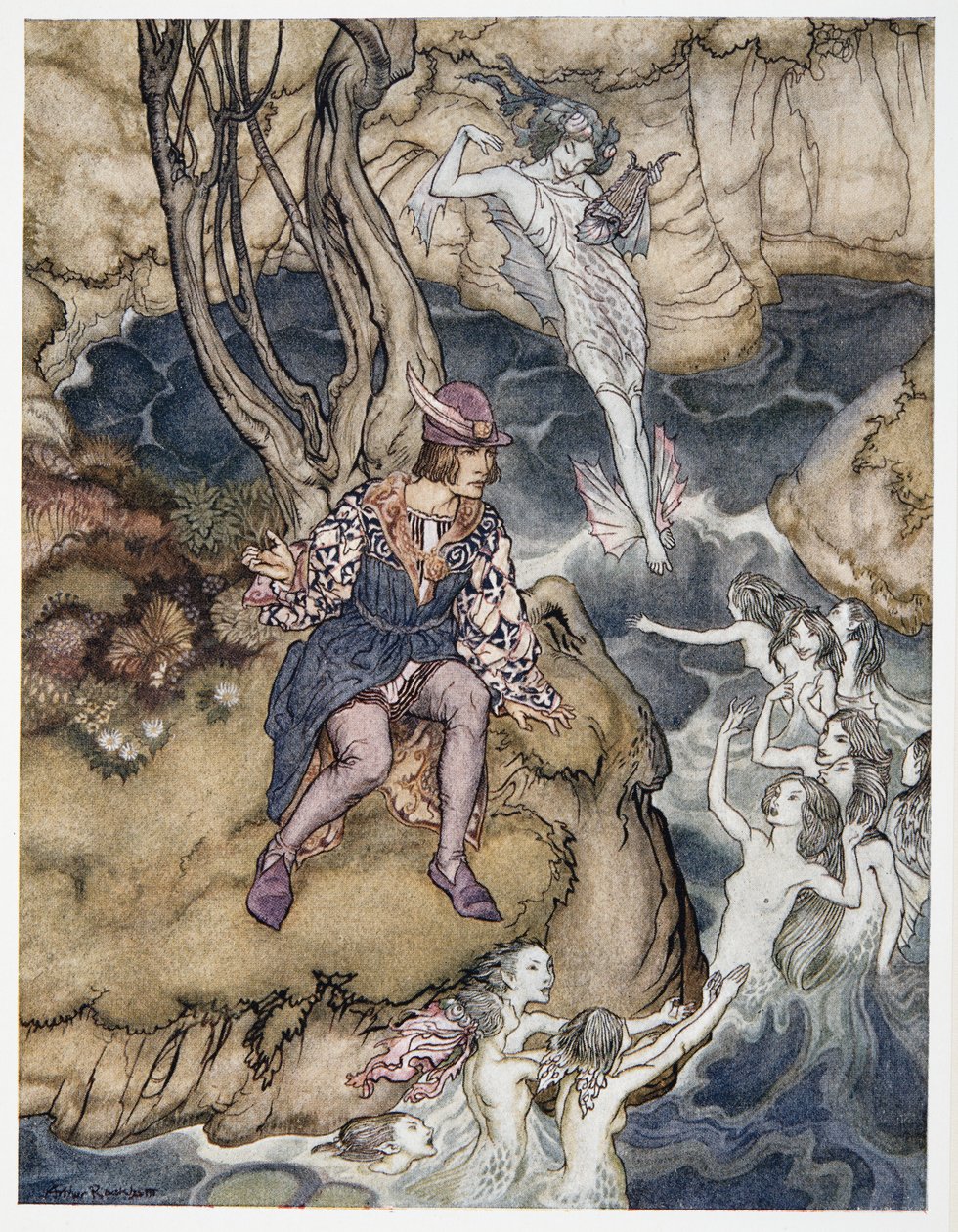 Esta música rastejou por sobre as águas, ilustração de William Shakespeares a tempestade, bar. 1926 de Arthur Rackham