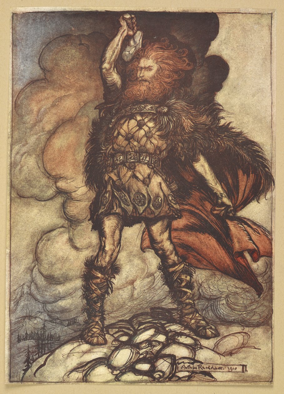 Thor levanta o seu martelo. de Arthur Rackham