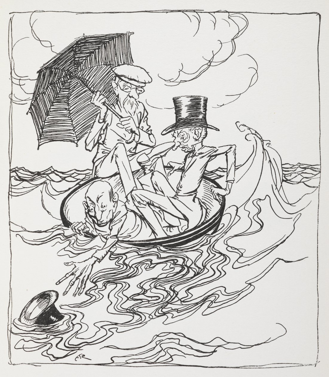 Três homens numa tigela no mar. de Arthur Rackham
