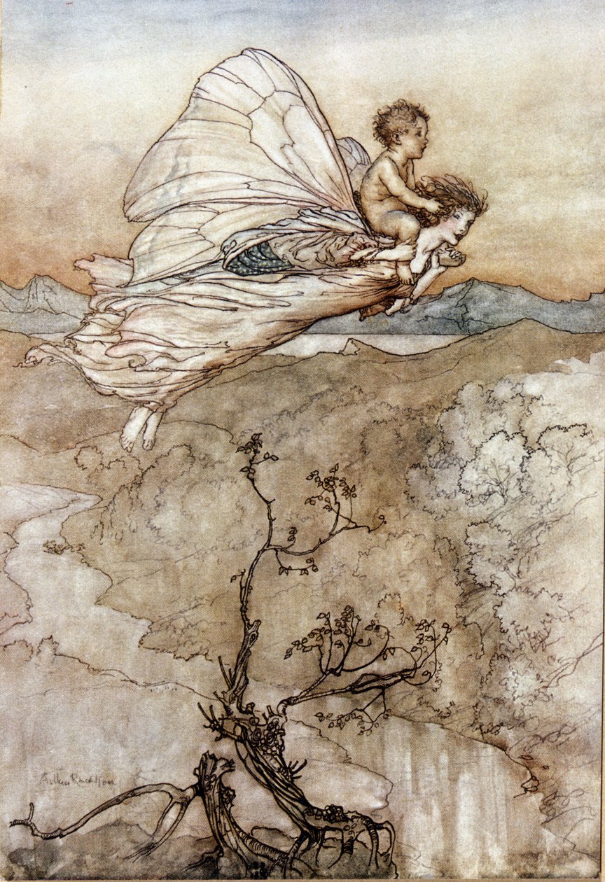 Titania, a Rainha das Taxas, voa com o seu filho changelin nas costas. Ilustração de Arthur RACKHAM (1867-1939) para The Dream of a Summer Night de William SHAKESPEARE de Arthur Rackham