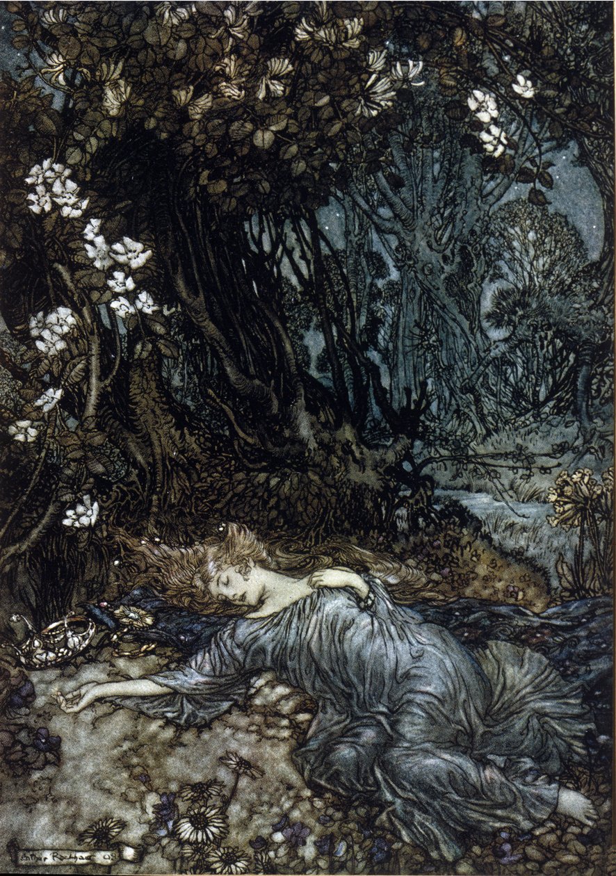 Titania, a Rainha das Taxas, está a dormir. Ilustração de Arthur RACKHAM (1867-1939) para The Dream of a Summer Night de William SHAKESPEARE de Arthur Rackham