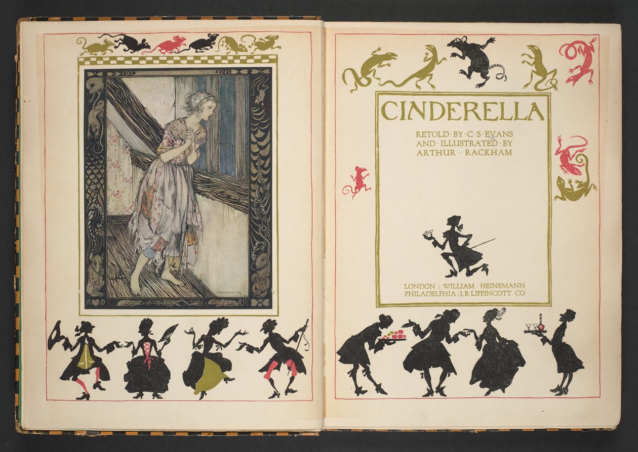 Página de título e frontispício de Cinderela, recontado por C.S. Evans, e ilustrado por Arthur Rackham de Arthur Rackham