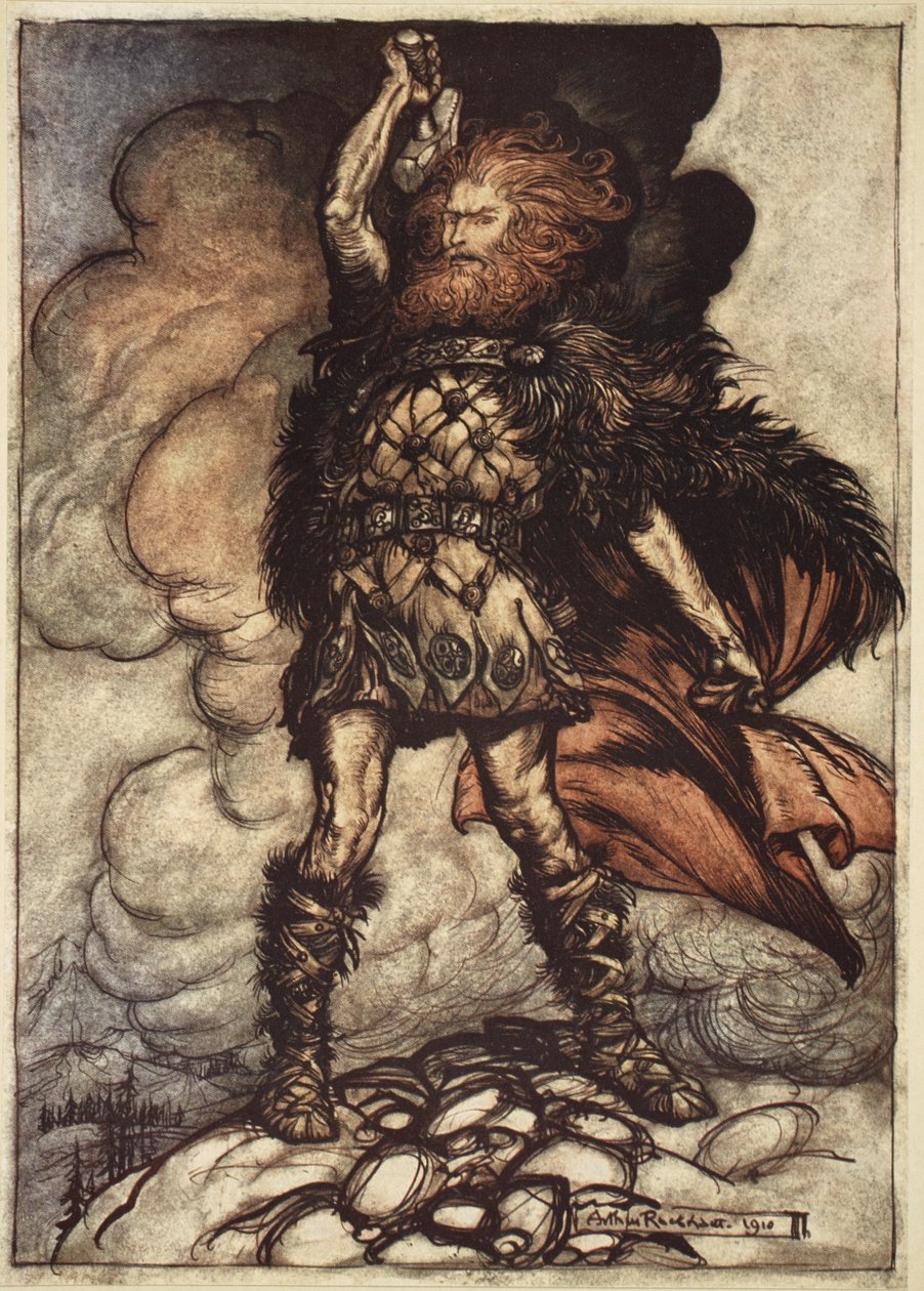 &39;Para o balanço do meu martelo Varredura para o alto Vapores e nevoeiros! Névoa pairando! Donner, seu senhor, convoca seus anfitriões! &39;, Ilustração de&39; The Rhinegold and the Valkyrie &39;, 1910 de Arthur Rackham