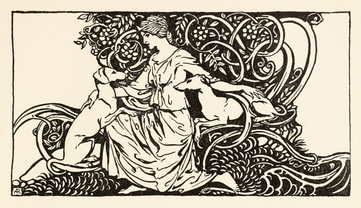 Tuiren com Bran e Sceólan do nascimento de farelo em contos de fadas irlandeses de Arthur Rackham
