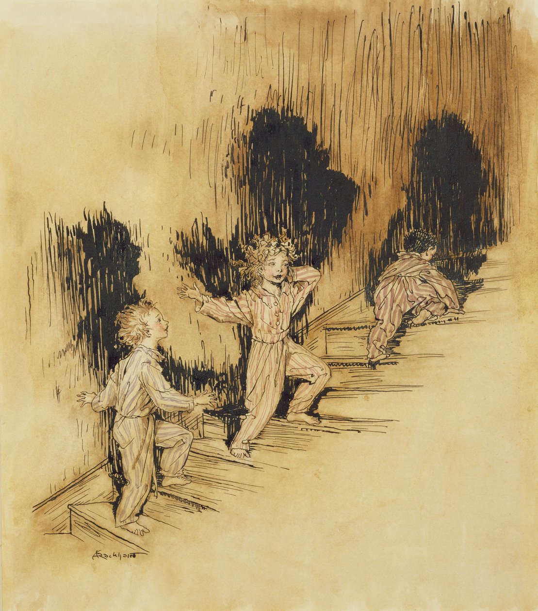 Twas a noite antes do Natal, ilustração da noite antes do Natal, por Clemente C. Moore, 1931 (caneta e tinta & wc no papel) de Arthur Rackham