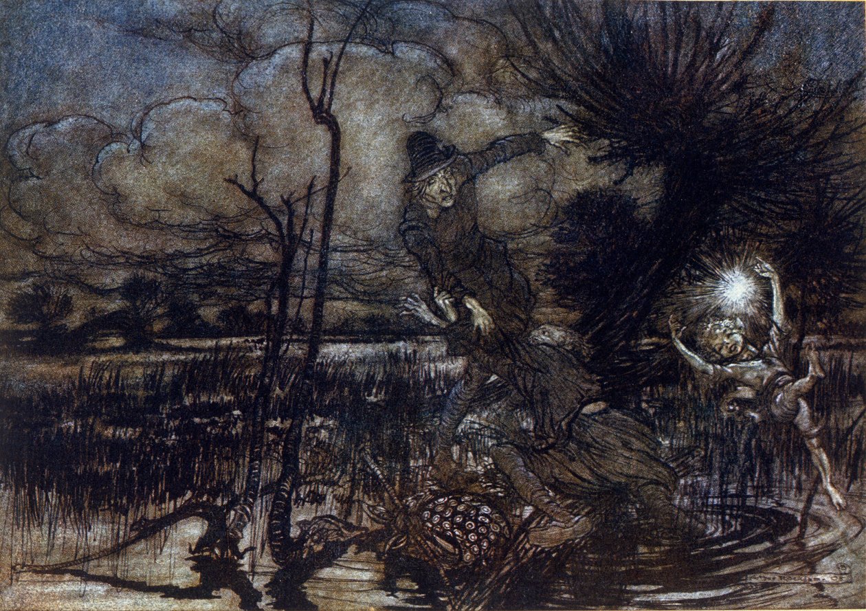 Dois personagens não se afogam no pântano, Puck ajuda-os com um incêndio. Ilustração de Arthur RACKHAM (1867-1939) para The Dream of a Summer Night de William SHAKESPEARE de Arthur Rackham