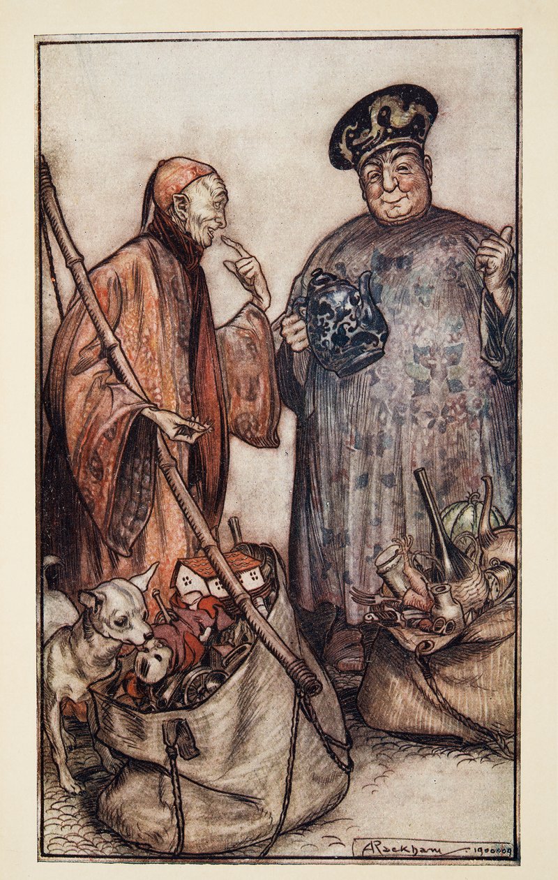 Dois desses sábios .Like Pedlars Among Us, de Gullivers Travels por Jonathon Swift (1667 - 1745), pub. 1909 de Arthur Rackham