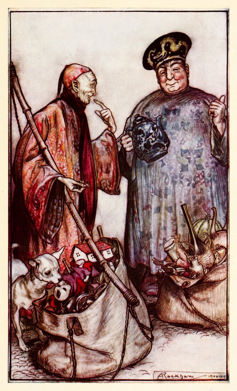 Dois desses sábios ... como vendedores ambulantes entre nós (expressando-se com coisas que carregam por aí) da Parte III: Uma Viagem a Laputa, Balnibarbi, Luggnagg, Glubbdubdrib e Japão em Gullivers Travels de Arthur Rackham
