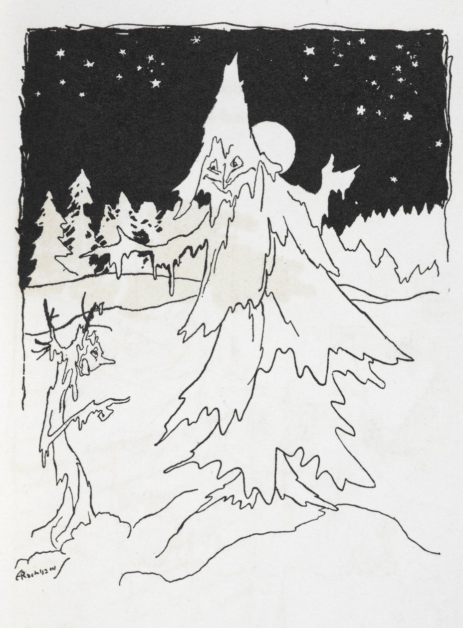 Dois homens das árvores num bosque nevado de Arthur Rackham