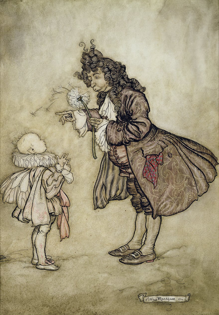 Quando sua majestade quer saber o tempo, de Peter Pan em jardins de Kensington por JM Barrie, bar. por Hodder e Stoughton, 1906 (caneta e tinta com wc no papel) de Arthur Rackham