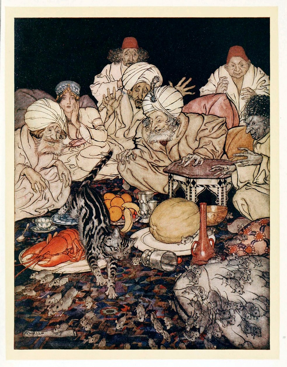 Quando o Gato viu os ratos e camundongos, ela não esperou para ser contada, do English Fairy Tales, pub. 1922. de Arthur Rackham